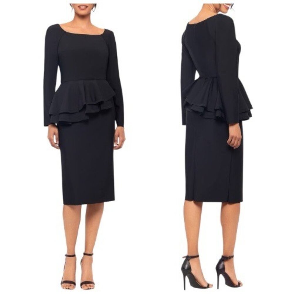 New Betsy & Adam Long Sleeve Peplum Cocktail Midi Dress in Black Size 8